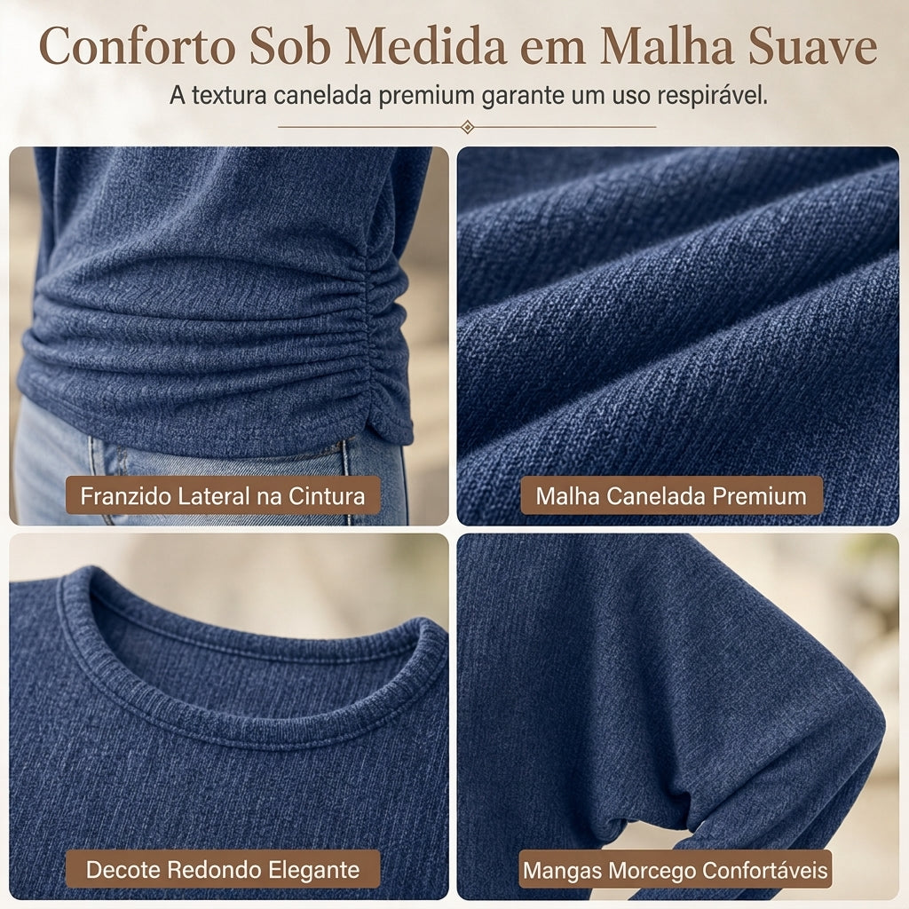 Suéter de tricô feminino casual e solto, com gola redonda, mangas compridas, ombros caídos, estilo morcego e design com rugas laterais