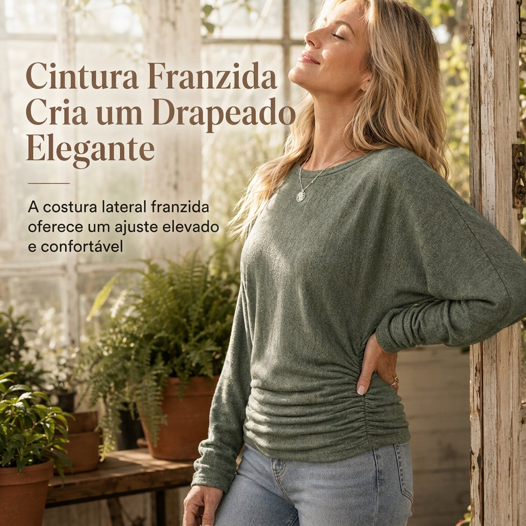 Suéter de tricô feminino casual e solto, com gola redonda, mangas compridas, ombros caídos, estilo morcego e design com rugas laterais