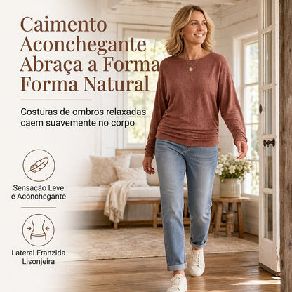 Suéter de tricô feminino casual e solto, com gola redonda, mangas compridas, ombros caídos, estilo morcego e design com rugas laterais
