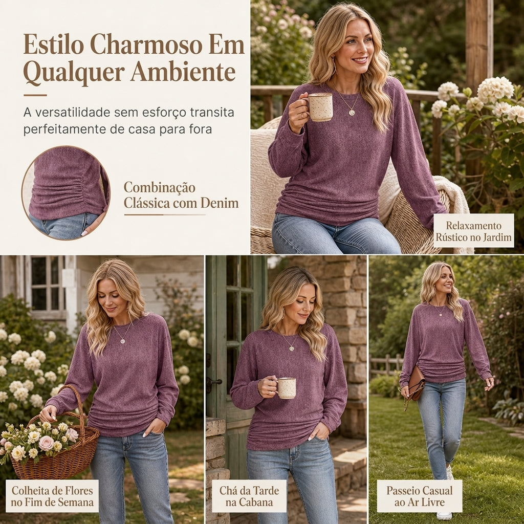 Suéter de tricô feminino casual e solto, com gola redonda, mangas compridas, ombros caídos, estilo morcego e design com rugas laterais