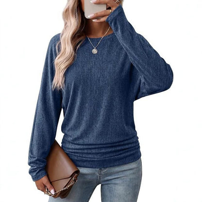 Suéter de tricô feminino casual e solto, com gola redonda, mangas compridas, ombros caídos, estilo morcego e design com rugas laterais