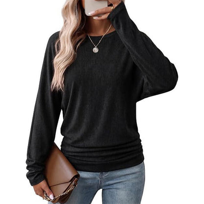 Suéter de tricô feminino casual e solto, com gola redonda, mangas compridas, ombros caídos, estilo morcego e design com rugas laterais