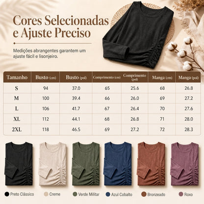 Suéter de tricô feminino casual e solto, com gola redonda, mangas compridas, ombros caídos, estilo morcego e design com rugas laterais