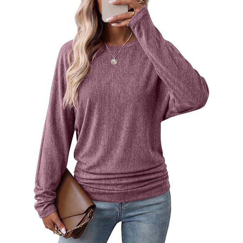 Suéter de tricô feminino casual e solto, com gola redonda, mangas compridas, ombros caídos, estilo morcego e design com rugas laterais
