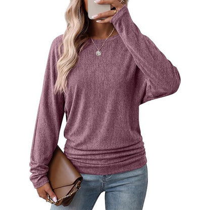 Suéter de tricô feminino casual e solto, com gola redonda, mangas compridas, ombros caídos, estilo morcego e design com rugas laterais