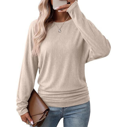 Suéter de tricô feminino casual e solto, com gola redonda, mangas compridas, ombros caídos, estilo morcego e design com rugas laterais