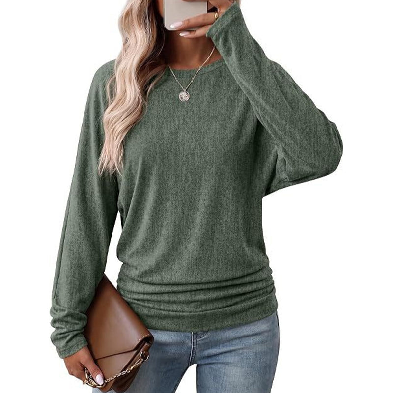 Suéter de tricô feminino casual e solto, com gola redonda, mangas compridas, ombros caídos, estilo morcego e design com rugas laterais