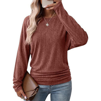 Suéter de tricô feminino casual e solto, com gola redonda, mangas compridas, ombros caídos, estilo morcego e design com rugas laterais