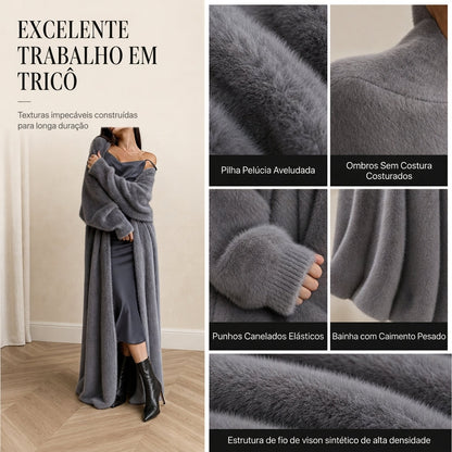 Cardigan de lã de pele de vison sintética feminina, casaco de tricô fofo e oversized para outono e inverno