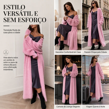 Cardigan de lã de pele de vison sintética feminina, casaco de tricô fofo e oversized para outono e inverno