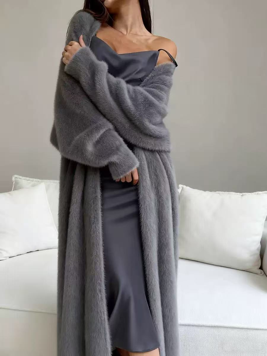 Cardigan de lã de pele de vison sintética feminina, casaco de tricô fofo e oversized para outono e inverno