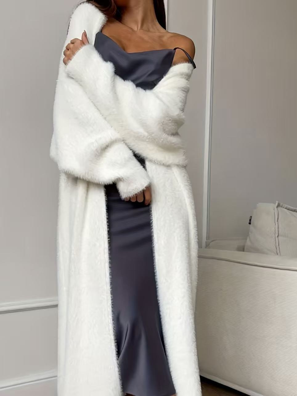 Cardigan de lã de pele de vison sintética feminina, casaco de tricô fofo e oversized para outono e inverno