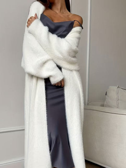Cardigan de lã de pele de vison sintética feminina, casaco de tricô fofo e oversized para outono e inverno