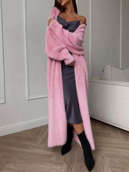 Cardigan de lã de pele de vison sintética feminina, casaco de tricô fofo e oversized para outono e inverno