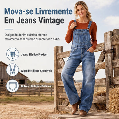 Jardineira Jeans Feminina Elástica, Macacão de Perna Larga com Alças Ajustáveis