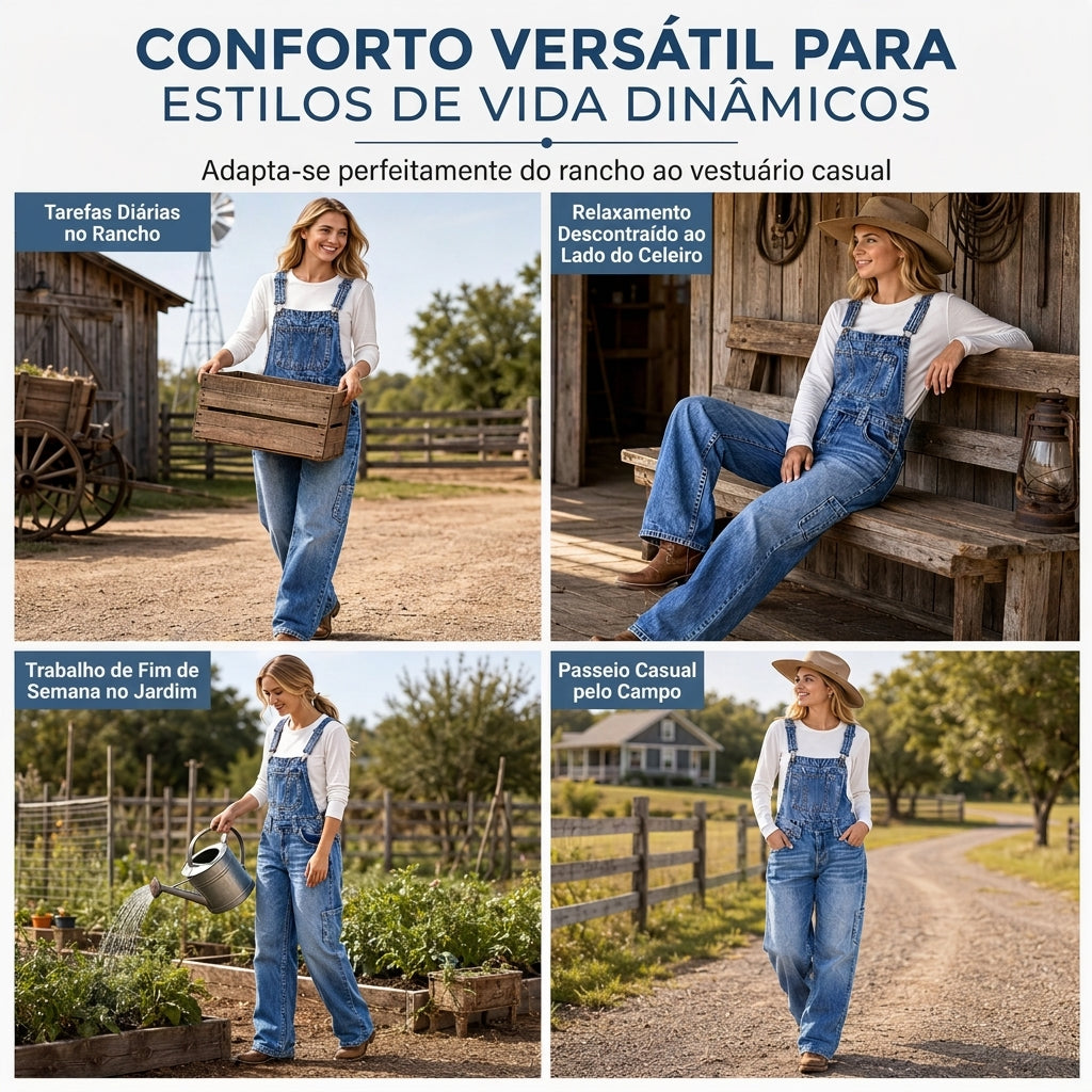 Jardineira Jeans Feminina Elástica, Macacão de Perna Larga com Alças Ajustáveis