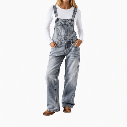Jardineira Jeans Feminina Elástica, Macacão de Perna Larga com Alças Ajustáveis