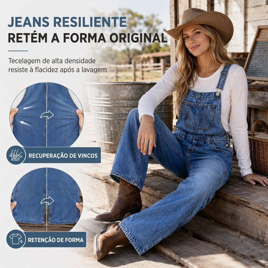 Jardineira Jeans Feminina Elástica, Macacão de Perna Larga com Alças Ajustáveis