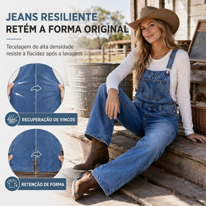 Jardineira Jeans Feminina Elástica, Macacão de Perna Larga com Alças Ajustáveis