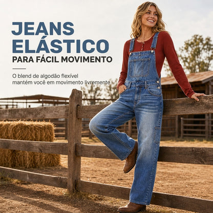 Jardineira Jeans Feminina Elástica, Macacão de Perna Larga com Alças Ajustáveis