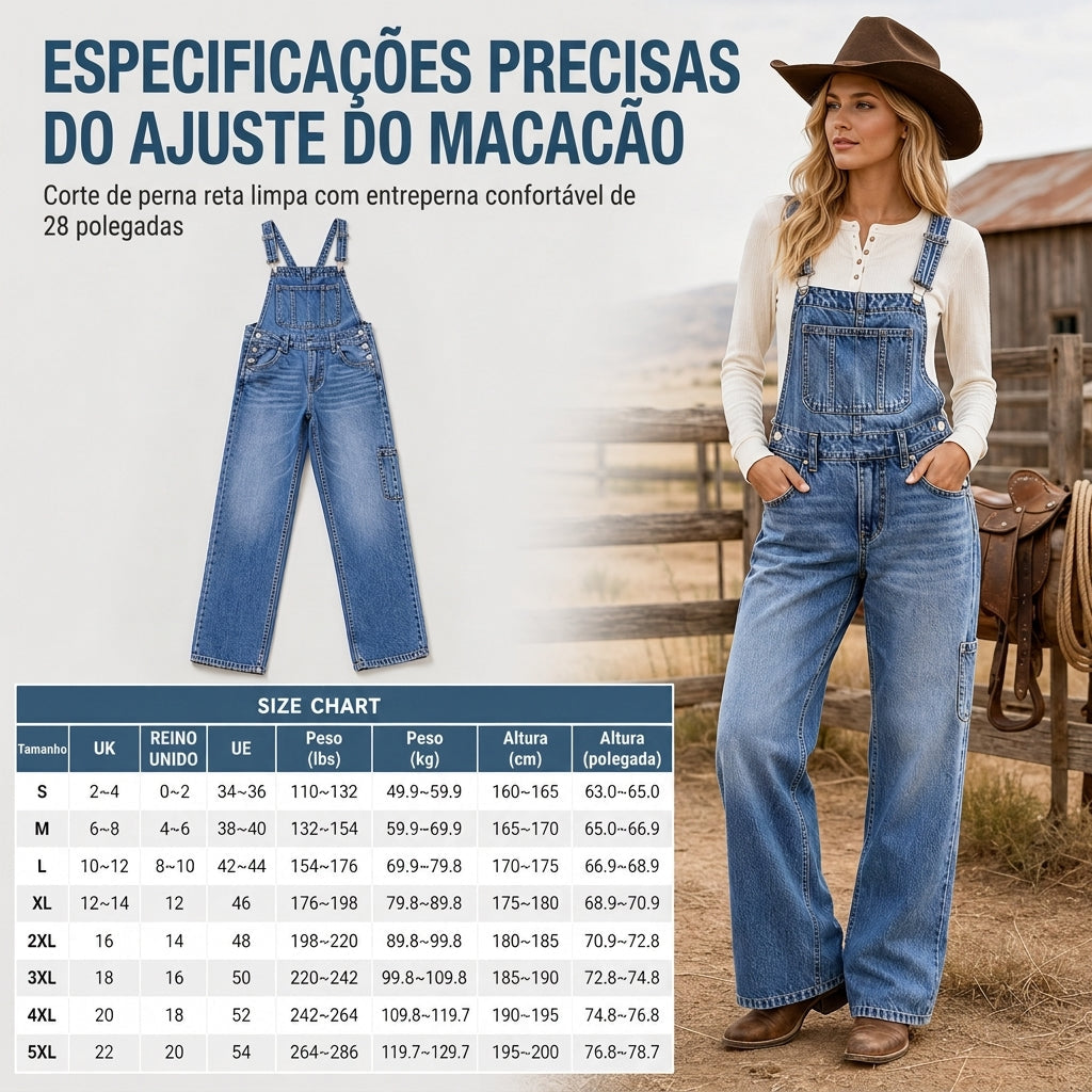 Jardineira Jeans Feminina Elástica, Macacão de Perna Larga com Alças Ajustáveis