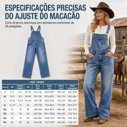 Jardineira Jeans Feminina Elástica, Macacão de Perna Larga com Alças Ajustáveis