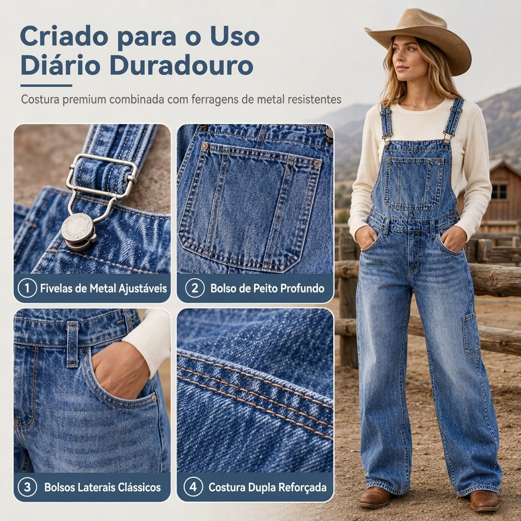 Jardineira Jeans Feminina Elástica, Macacão de Perna Larga com Alças Ajustáveis