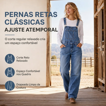 Jardineira Jeans Feminina Elástica, Macacão de Perna Larga com Alças Ajustáveis