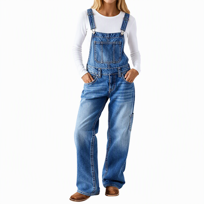Jardineira Jeans Feminina Elástica, Macacão de Perna Larga com Alças Ajustáveis
