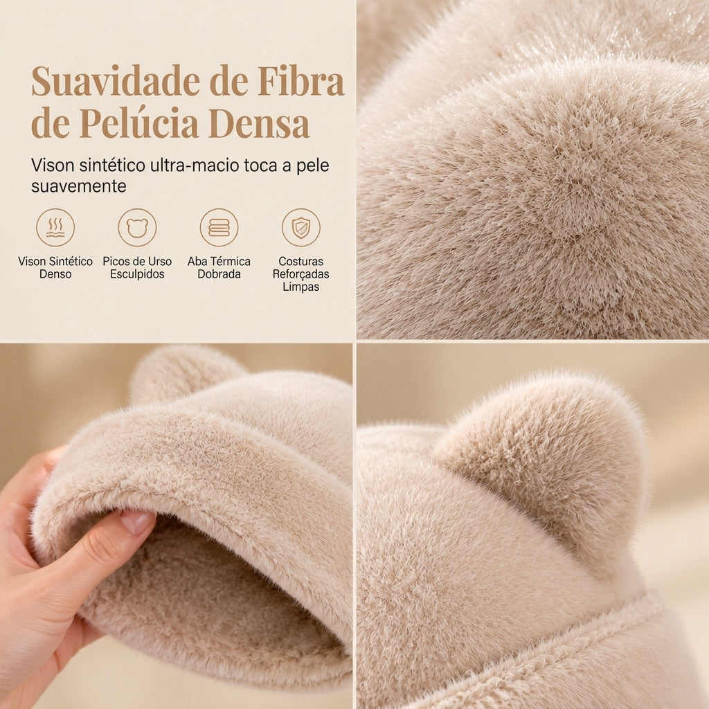 Gorro de Inverno Feminino de Pele Pelo de Vison Fofa com Orelhas de Urso, Capuz de Inverno Quente para Clima Frio