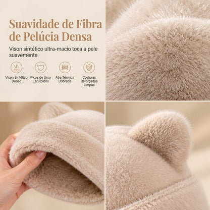 Gorro de Inverno Feminino de Pele Pelo de Vison Fofa com Orelhas de Urso, Capuz de Inverno Quente para Clima Frio