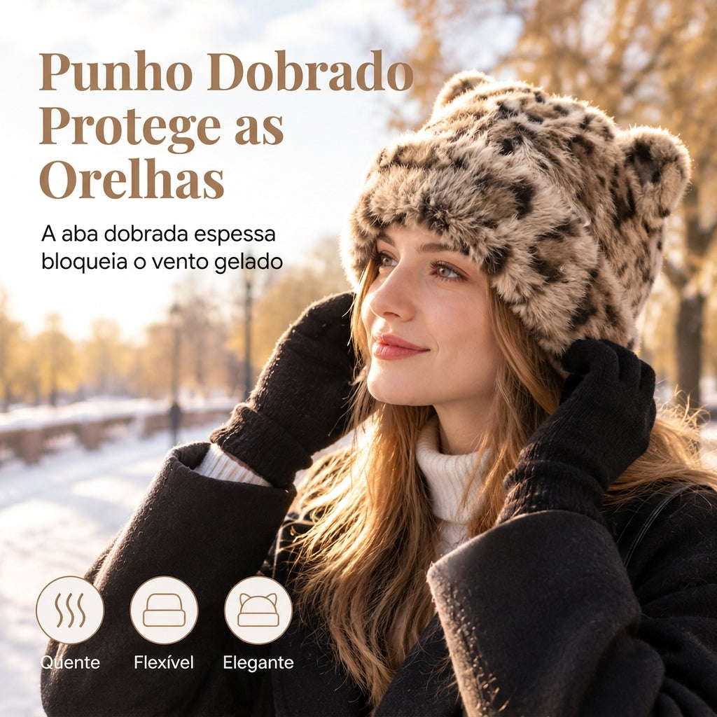Gorro de Inverno Feminino de Pele Pelo de Vison Fofa com Orelhas de Urso, Capuz de Inverno Quente para Clima Frio
