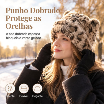 Gorro de Inverno Feminino de Pele Pelo de Vison Fofa com Orelhas de Urso, Capuz de Inverno Quente para Clima Frio