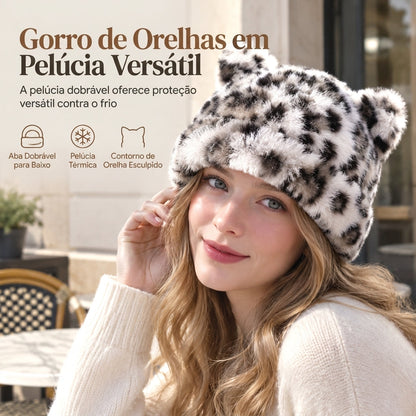 Gorro de Inverno Feminino de Pele Pelo de Vison Fofa com Orelhas de Urso, Capuz de Inverno Quente para Clima Frio