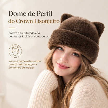 Gorro de Inverno Feminino de Pele Pelo de Vison Fofa com Orelhas de Urso, Capuz de Inverno Quente para Clima Frio