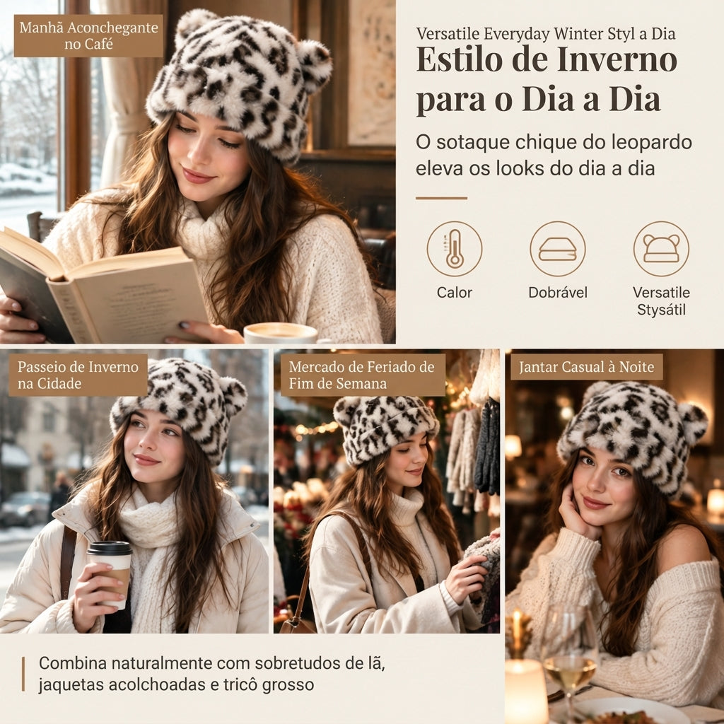 Gorro de Inverno Feminino de Pele Pelo de Vison Fofa com Orelhas de Urso, Capuz de Inverno Quente para Clima Frio
