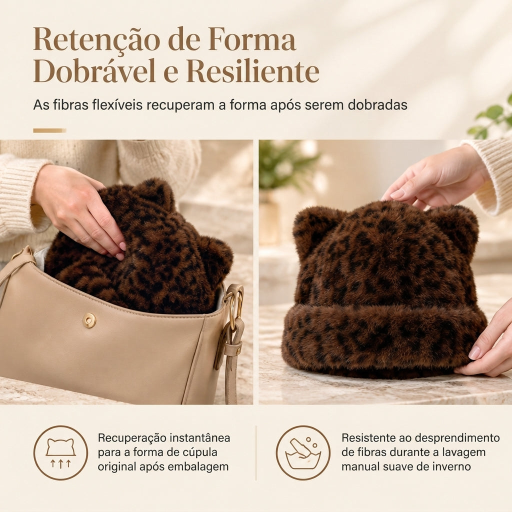Gorro de Inverno Feminino de Pele Pelo de Vison Fofa com Orelhas de Urso, Capuz de Inverno Quente para Clima Frio