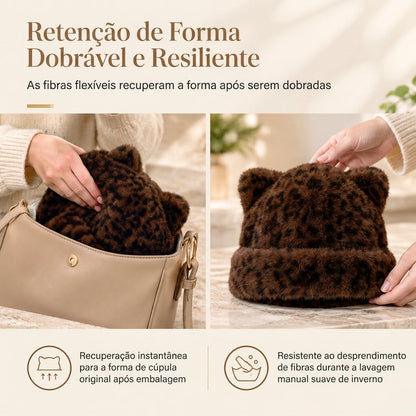 Gorro de Inverno Feminino de Pele Pelo de Vison Fofa com Orelhas de Urso, Capuz de Inverno Quente para Clima Frio