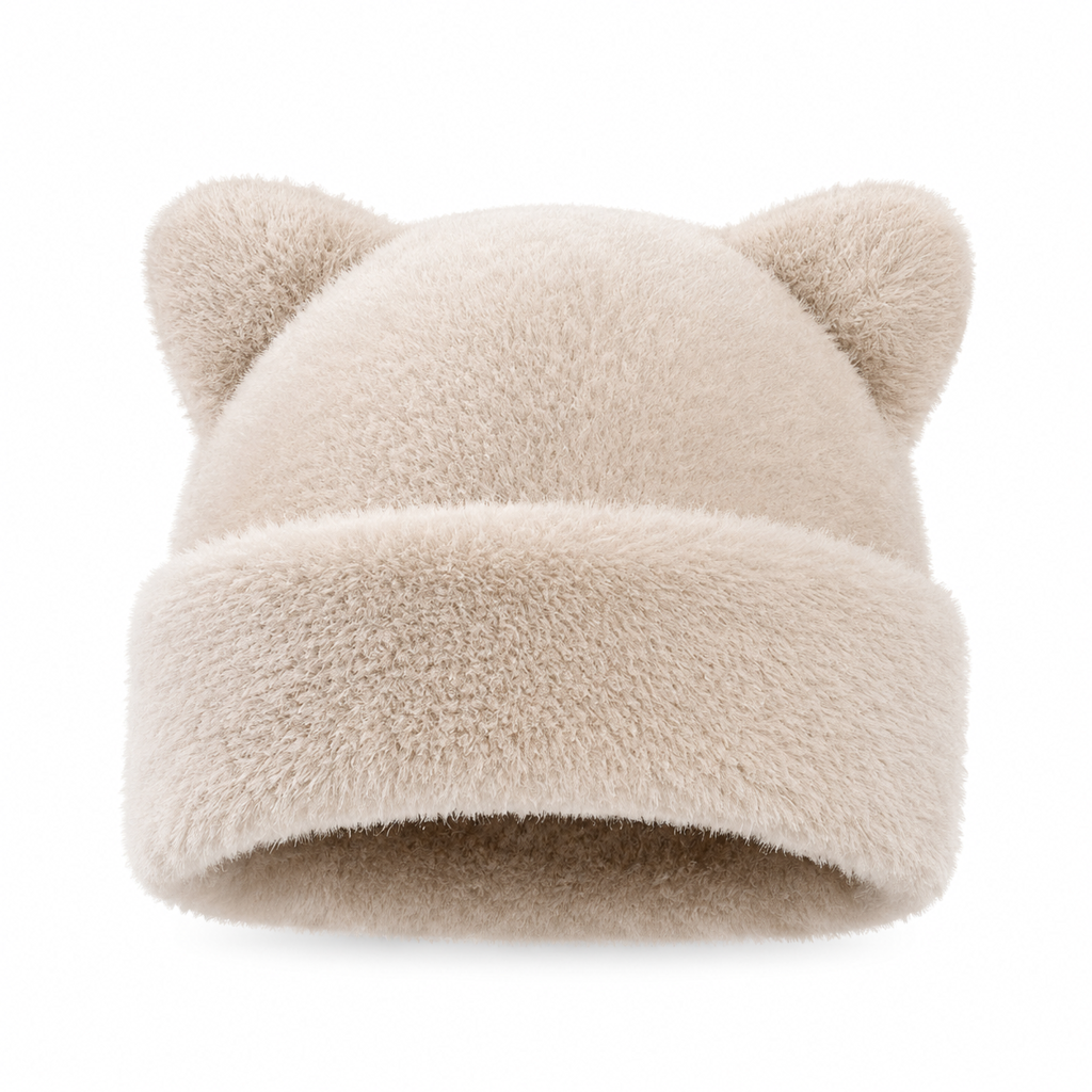 Gorro de Inverno Feminino de Pele Pelo de Vison Fofa com Orelhas de Urso, Capuz de Inverno Quente para Clima Frio