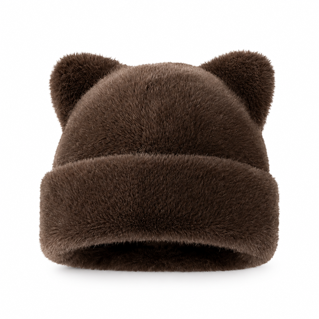 Gorro de Inverno Feminino de Pele Pelo de Vison Fofa com Orelhas de Urso, Capuz de Inverno Quente para Clima Frio