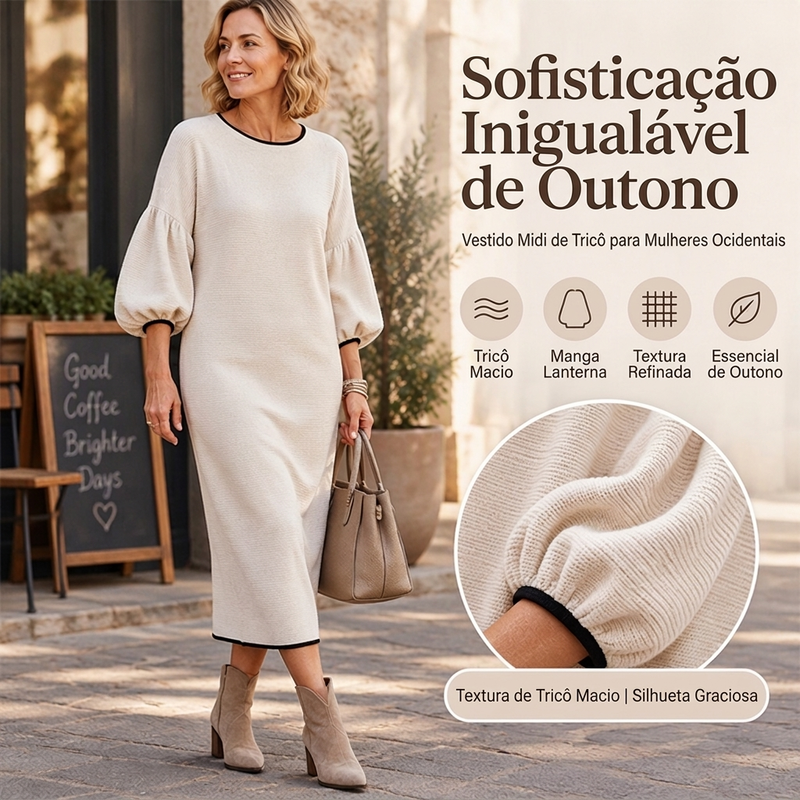 Vestido midi feminino de malha texturizada com mangas bufantes