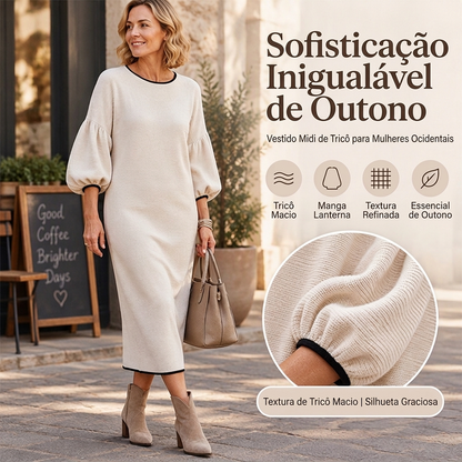 Vestido midi feminino de malha texturizada com mangas bufantes