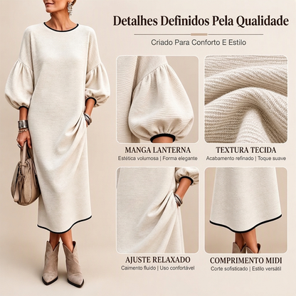 Vestido midi feminino de malha texturizada com mangas bufantes