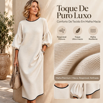 Vestido midi feminino de malha texturizada com mangas bufantes