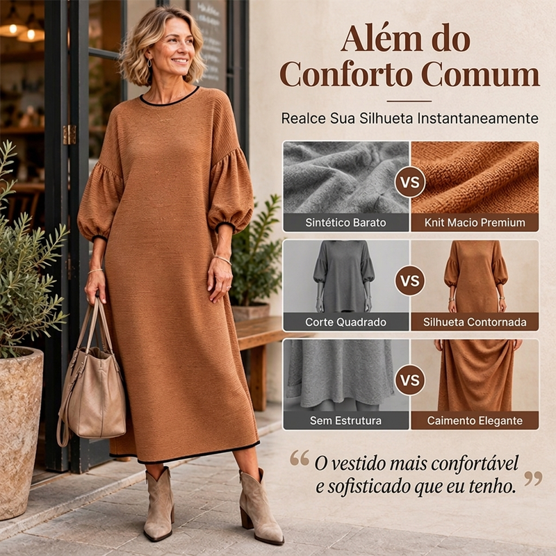 Vestido midi feminino de malha texturizada com mangas bufantes