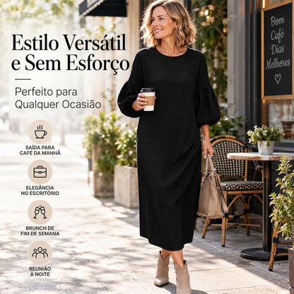 Vestido midi feminino de malha texturizada com mangas bufantes