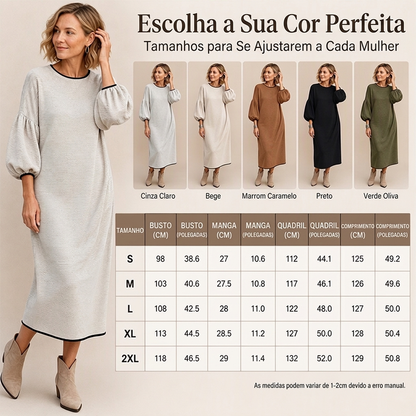 Vestido midi feminino de malha texturizada com mangas bufantes