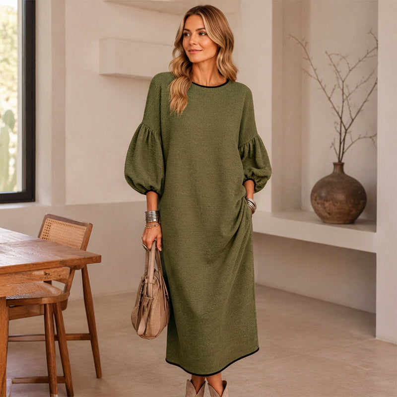 Vestido midi feminino de malha texturizada com mangas bufantes
