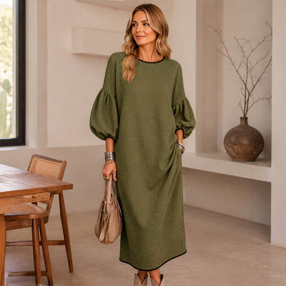 Vestido midi feminino de malha texturizada com mangas bufantes