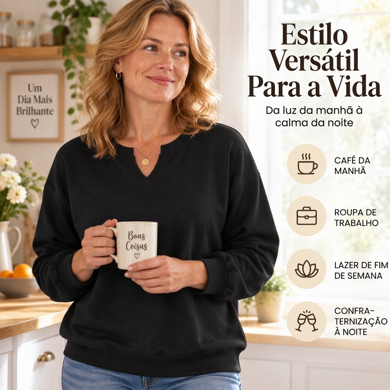 Blusa de Moletom Casual Feminina com Gola V Dividida
